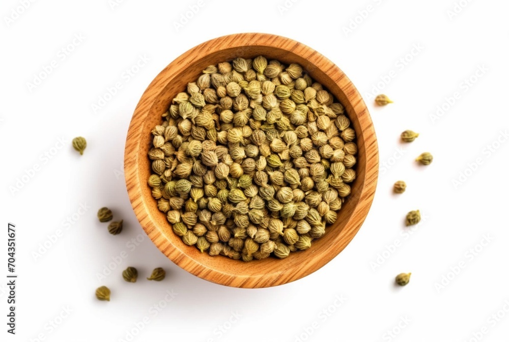 flat lay top view of dried coriander seeds in the wooden bowl isolated on white background. generatif ai flat lay top view of dried coriander seeds in the wooden bowl isolated on white background. generatif ai