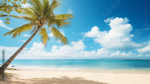 Tropical Beach with Palm Tree in Foreground