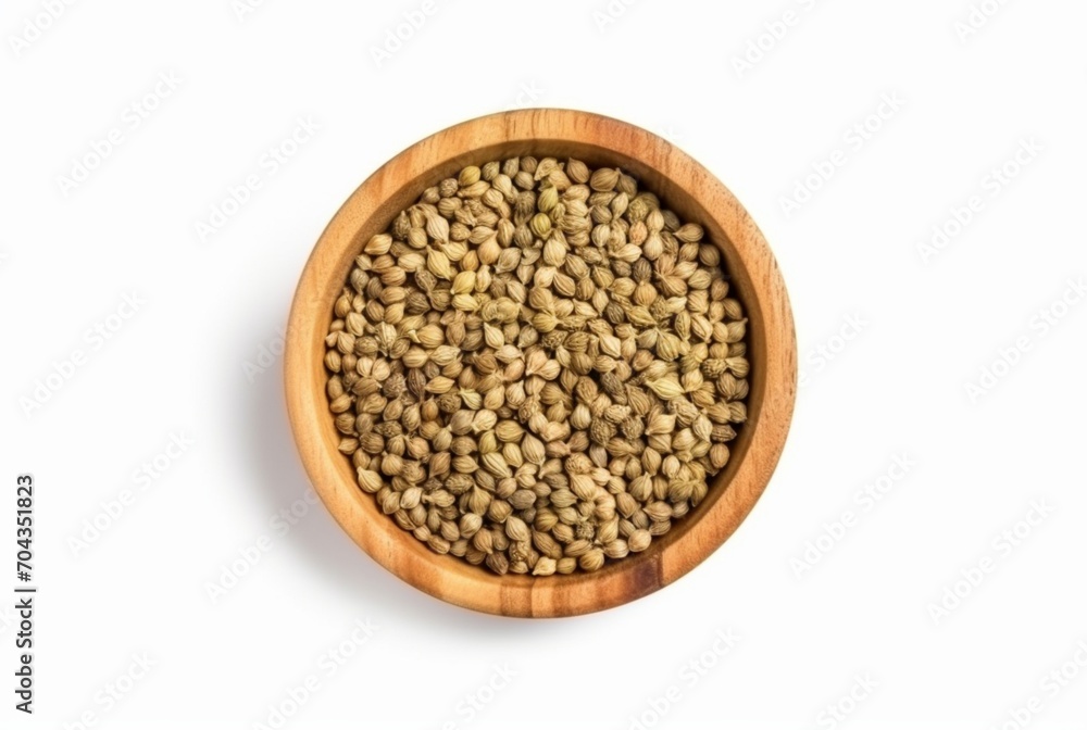 flat lay top view of dried coriander seeds in the wooden bowl isolated on white background. generatif ai flat lay top view of dried coriander seeds in the wooden bowl isolated on white background. generatif ai