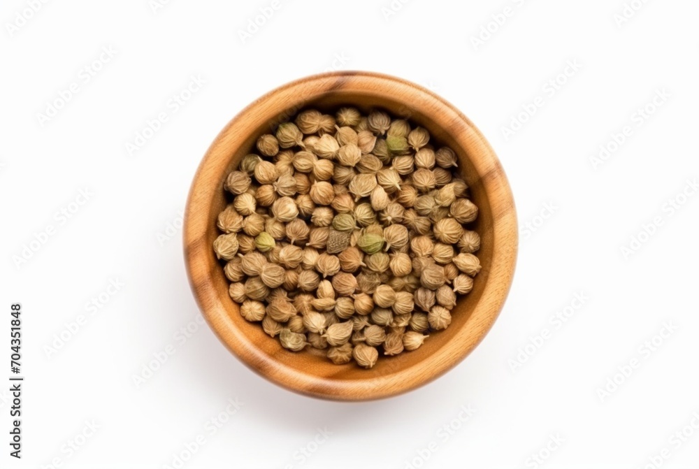 flat lay top view of dried coriander seeds in the wooden bowl isolated on white background. generatif ai flat lay top view of dried coriander seeds in the wooden bowl isolated on white background. generatif ai