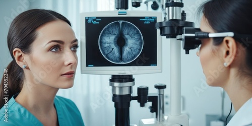 Eye doctor with female patient during an examination in modern clinic. Ophthalmologist is using special medical equipment for eye health saving and improving