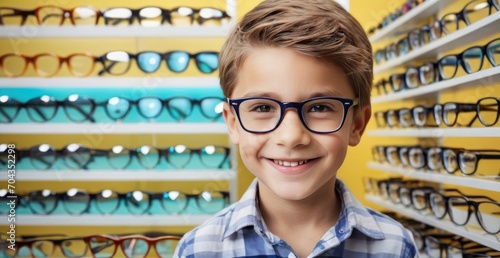 Smiling boy choosing glasses in optics store, Portrait of kid wearing glasses at optical store photo