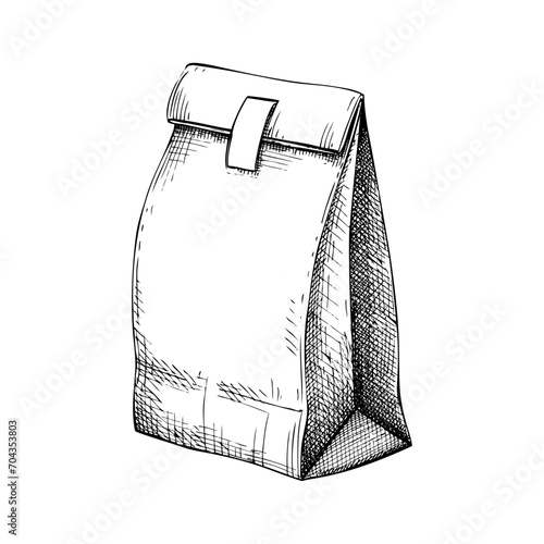 Paper bag sketch. Hand drawn vector illustration. Packaging drawing in vintage style. Food delivery or grocery shopping design element