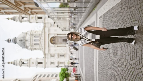 Smiling woman posing in urban budapest with st. stephen's basilica background photo