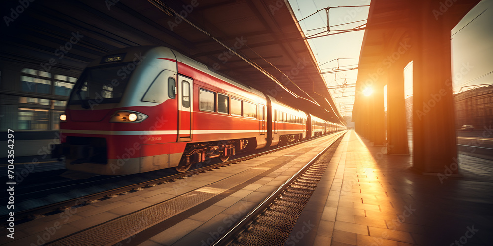 Beautiful railway station with modern  red commuter train with motion blur effect at colorful sunset. Railroad with sunlight. Vintage toning. Travel. Train. generative ai