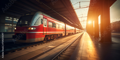Beautiful railway station with modern  red commuter train with motion blur effect at colorful sunset. Railroad with sunlight. Vintage toning. Travel. Train. generative ai photo