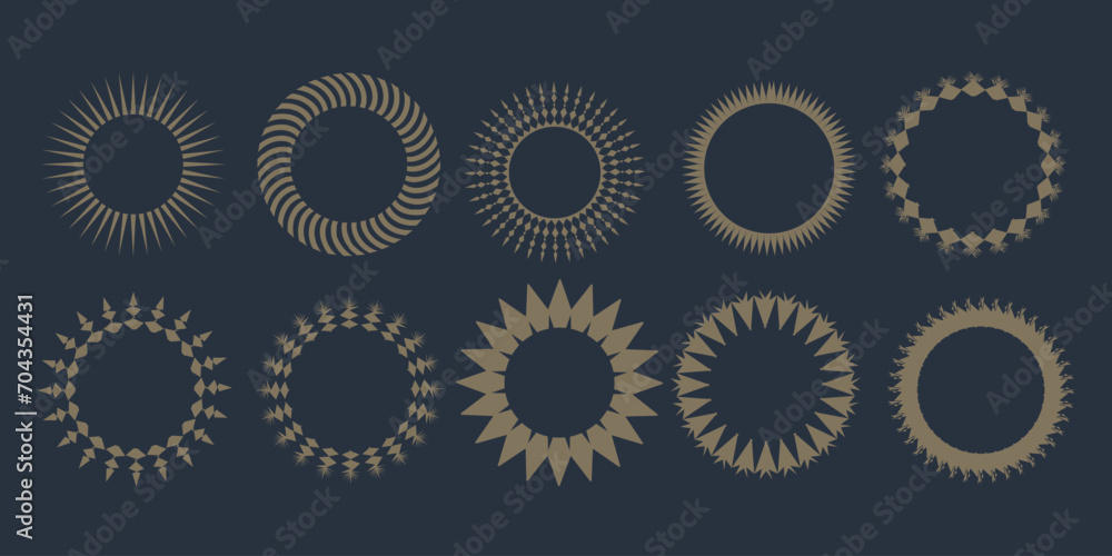 Vintage sunburst collection. Bursting sun rays. Fireworks starburst logotype. Radial sunset beams. Gold Color , Vector illustration.