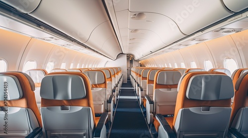 Unoccupied seats on a plane photographed from the aisle