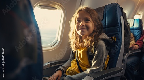 The airplane interior is well-lit, and passengers settle into their seats,white female finds her assigned seat, stows her backpack, and looks out the window, ready for the adventure that await photo