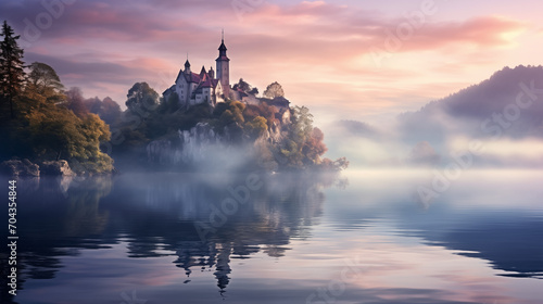 fortress located on an island across a misty lake © Gianluca Lubrano