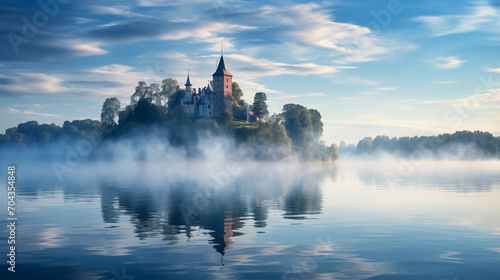 fortress located on an island across a misty lake © Gianluca Lubrano