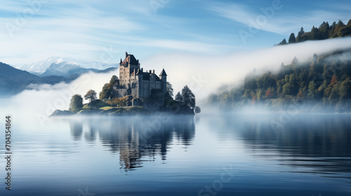 fortress located on an island across a misty lake