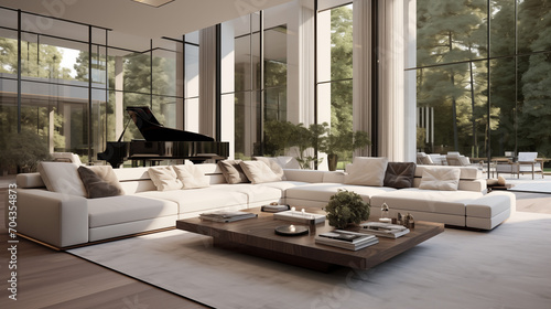 Contemporary Living Space, Expansive Sofas, Panoramic Windows, and a Striking Piano