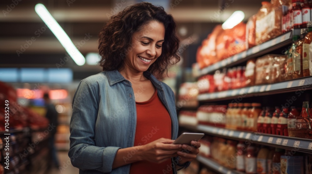 Big shopping in supermarket. Happy mature woman looking at product at grocery store. Smiling hispanic woman shopping in supermarket and reading product information. Costumer buying food at the market