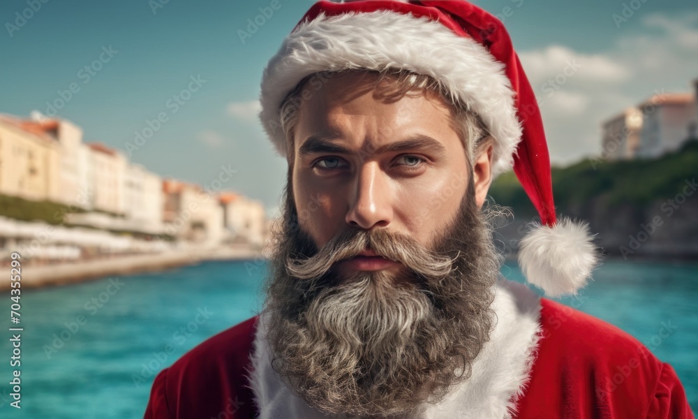 Obraz premium Santa Claus enjoying ocean tropical coral sandy palm beach - New Year and Christmas travel destinations for vacation in hot countries concept. Santa on vacation after Christmas celebration