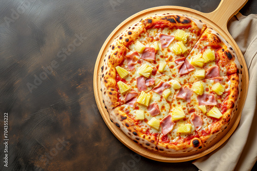 Neapolitan pizza with pineapple and ham. Hawaii neapolitan top down view