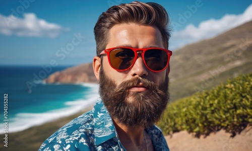 Brutal bearded man macho resting on tropical beach. Young handsome stylish hipster man in casual outfit on amazing tropical island, wearing bright fashionable vintage sunglasses. Santa on vacation photo