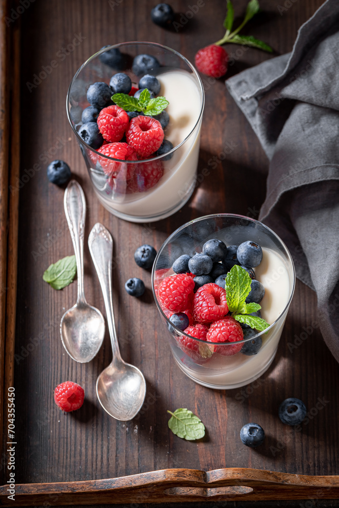 Delicious and cold Panna Cotta with blueberries and raspberries. Delicious and cold Panna Cotta with blueberries and raspberries.