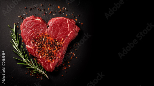 Heart-shaped meat steak, with spices, on black background. Top view
