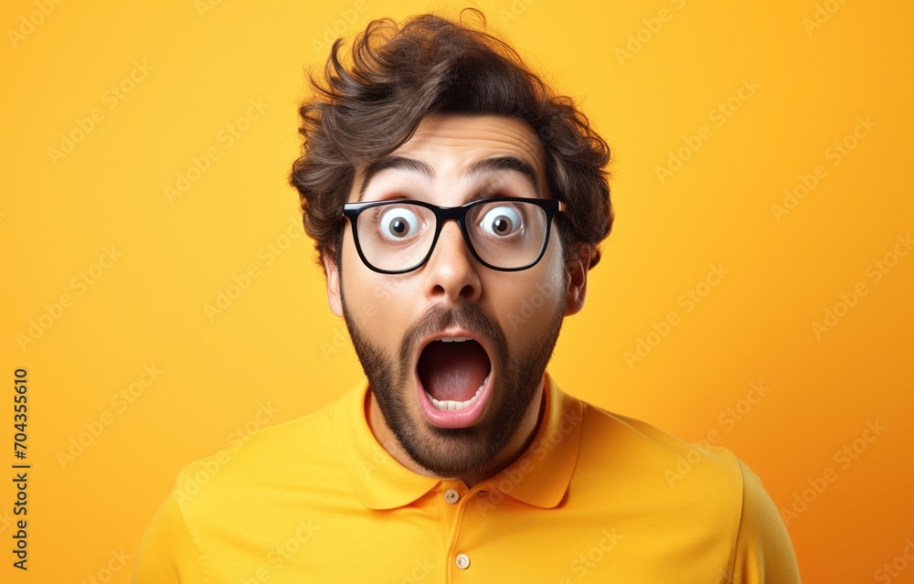 Bearded man in yellow shirt and glasses with surprised expression on his face