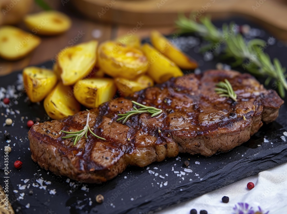 Grilled Ribeye Steak with Golden Roasted Potatoes - Classic Dinner Plate Grilled Ribeye Steak with Golden Roasted Potatoes - Classic Dinner Plate