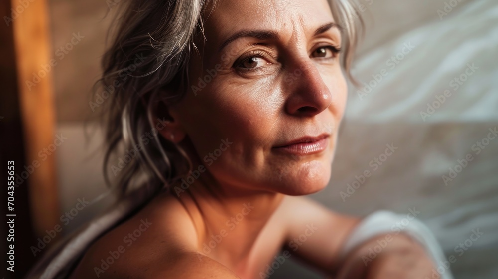 Headshot of happy smiling gorgeous middle aged woman in bathrobe at spa hotel looking at camera. Advertising of bodycare spa procedures antiage recreation skin care products concept. Headshot of happy smiling gorgeous middle aged woman in bathrobe at spa hotel looking at camera. Advertising of bodycare spa procedures antiage recreation skin care products concept.