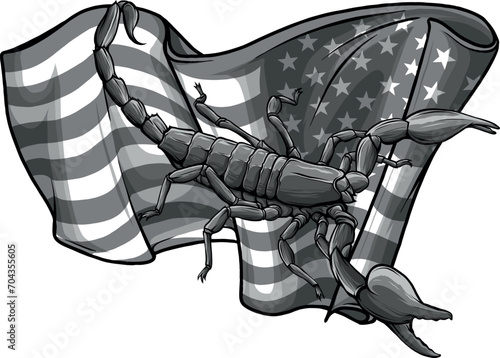 monochromatic scorpion with american flag. Vector cartoon close-up illustration. photo