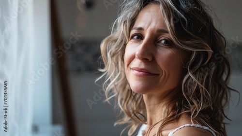 Smiling happy attractive 50s middle aged mature blond woman, old lady looking at camera advertising anti age face skin and body care treatment cosmetics posing in bathroom. Close up headshot portrait