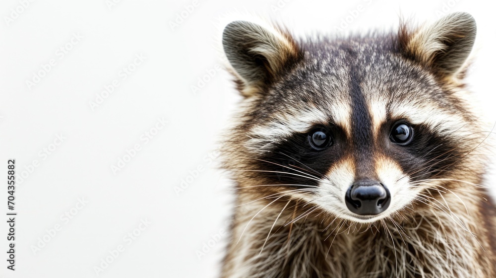Close up of cute funny raccoon isolated on white. Kind animal looking at camera .Vet concept.