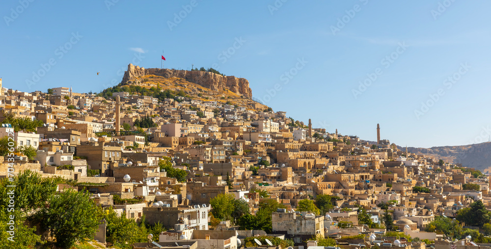 Fototapeta premium Ancient and stone houses of Old Mardin (Eski Mardin) with Mardin Castle, Located South Eastern of Turkey