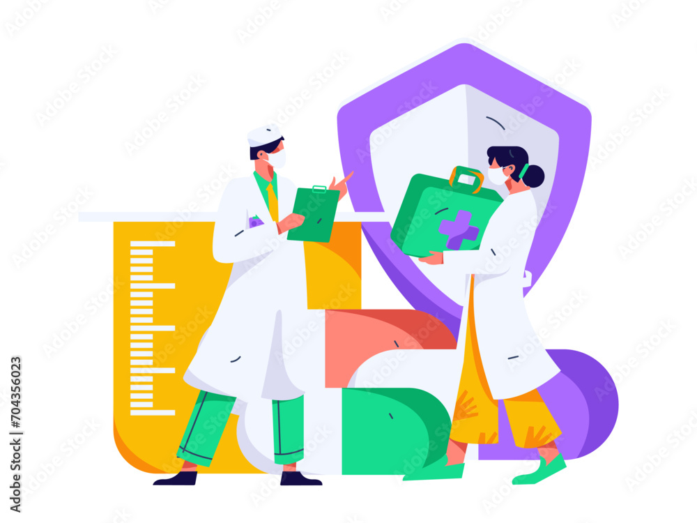 Fototapeta premium Medical characters fighting the epidemic flat vector concept operation hand drawn illustration 