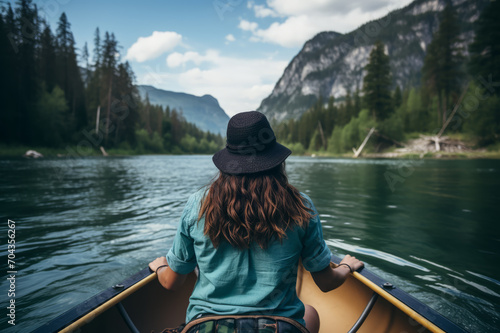 Woman sitting in a canoe with her back turned in the outdoor wilderness in a canoe on a river among magnificent mountains and forests. © byerenyerli