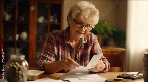 Elderly woman, sitting on the table with a paper receipt in her hands, are calculating expenses, managing the family budget.