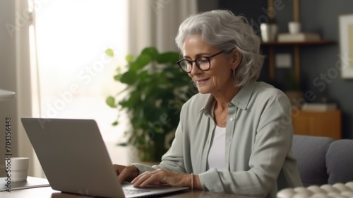 Inspired older woman typing on laptop. Elderly smiling lady composing story on device, work from home. Hobby for soul, creativity, inspiration, technology concept