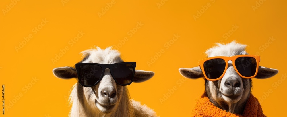 Groovy Goats in Shades: A Colorful Twist on Farmyard Chic. Generative AI