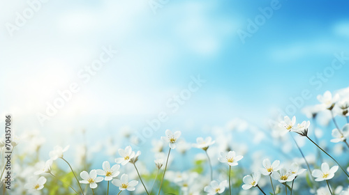 A fresh spring blue sunny sky background with blurred sunny glow and blurred blooming daisy