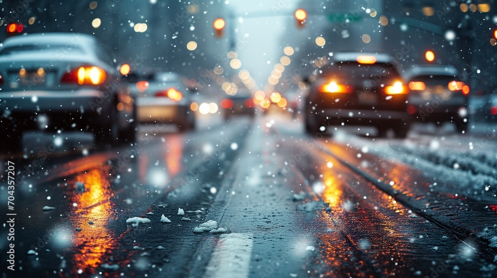 Cars driving down a street with snow, inclement weather, light silver and dark blue, water droplets, snow and city lights, blurred background.