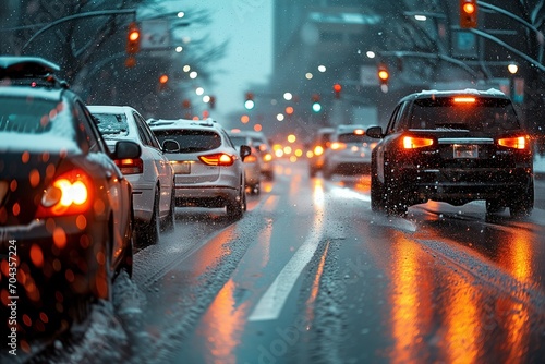 Cars driving down a street with snow, inclement weather, light silver and dark blue, water droplets, snow and city lights, blurred background. photo