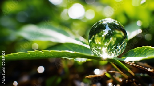 A crystal-clear water droplet refracting the surrounding foliage on a leaf.