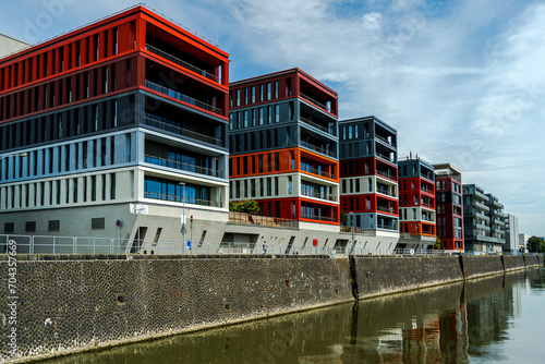 colorful container houses on the river bank in Frankfurt