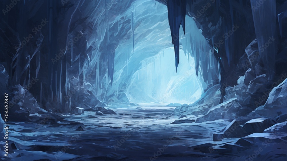 A crystalline ice cave, with intricate formations glistening under the soft glow of icy blue light.
