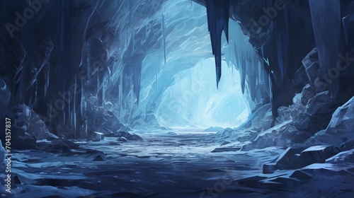 A crystalline ice cave, with intricate formations glistening under the soft glow of icy blue light.