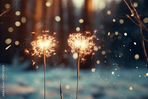 Two burning sparklers in snow, party together concept banner background with copy space for happy new year or merry Christmas or other festive holiday events