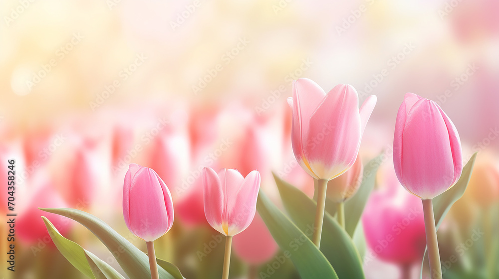 beautiful pink Tulip on blurred spring sunny background texture for design, copy space. banner