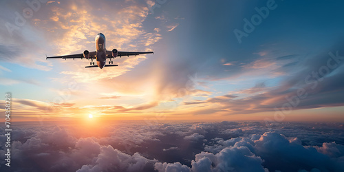 Airplane is flying above the clouds at sunset or sunrise or sunset in the sky generative ai