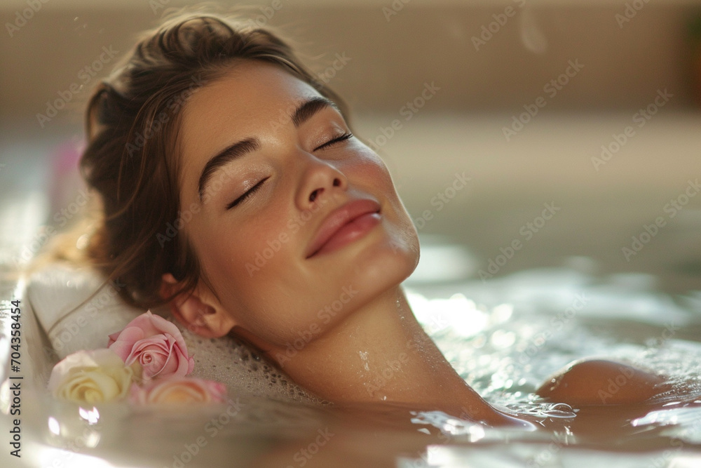 Naklejka premium Capture the ambiance of a serene spa, showcasing individuals indulging in wellness treatments and relaxation rituals, promoting a healthy lifestyle