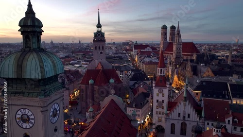 Munich WInter Evening Twilight Aerial skyline Drone Video. City centre Church and Marienplatz square, Muenchen, Germany photo