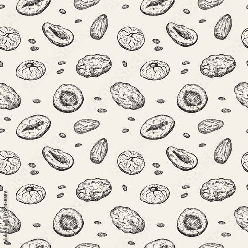 Dried fruits Seamless pattern Repeating background with Prunes, dried apricots, dry fruits, dates for packaging, textile, print, template card flyer. Decorative ornament hand drawn vector illustration