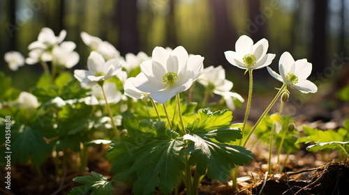 Beautiful white flowers of anemones in a forest