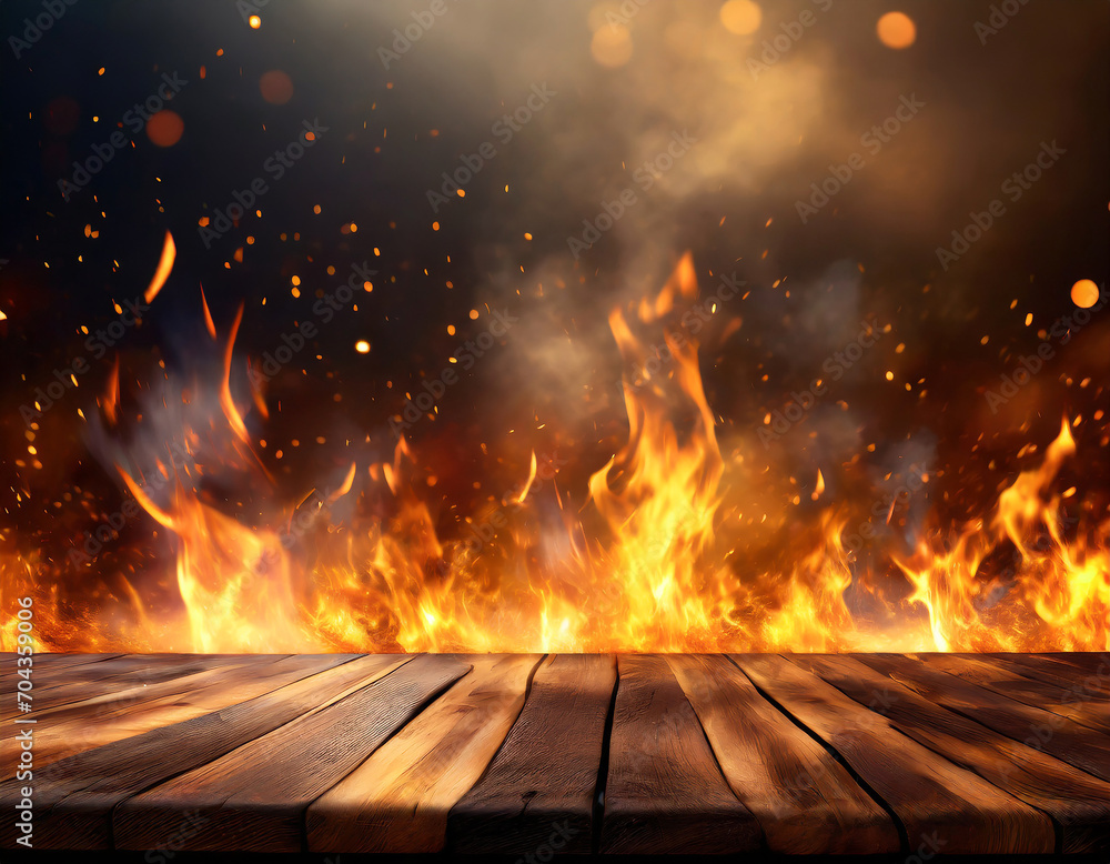 wood table with fire in the background, spicy and tasty concept, food podium wood table with fire in the background, spicy and tasty concept, food podium